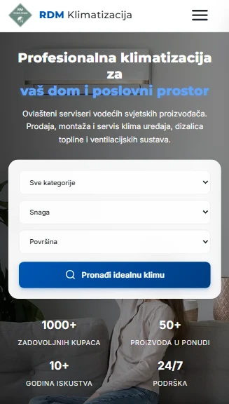RDM Klimatizacija — mobilni prikaz web stranice